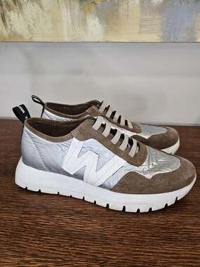 Wonders A-2416 Metallic Nylon & Suede Sz 8.5 39 Luxury Sneakers Taupe & Silver